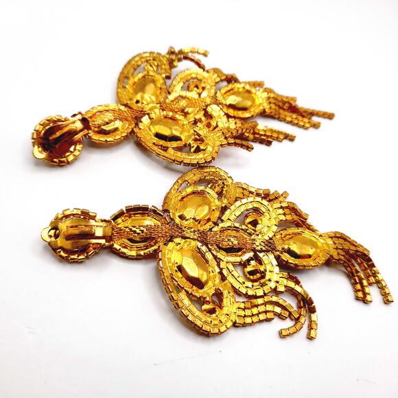 Runway Aurora Borealis Rhinestone Earrings Gold Tone Long Clip On Statement - Picture 8 of 9